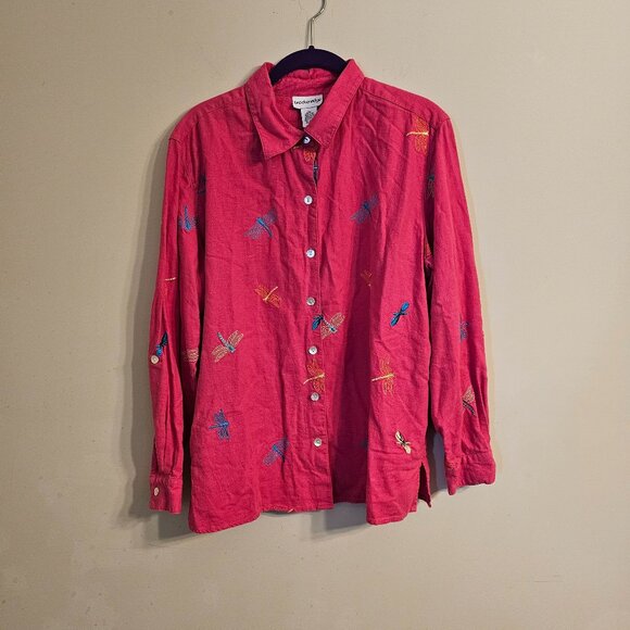 Women's Breckenridge Linen Blend Embroidered Button Down Blouse Hot Pink Size L - Picture 1 of 7